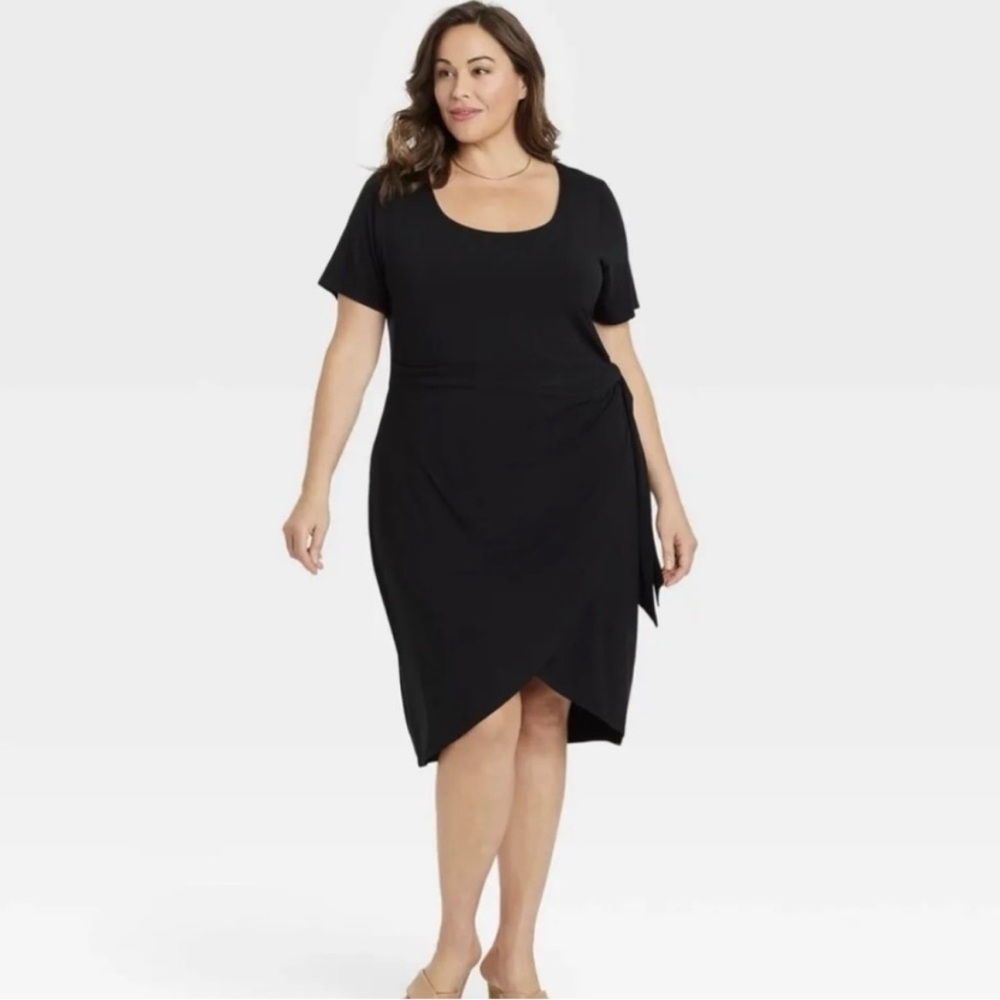 AVA & VIV Black Knee Length Faux Wrap Pullover Stretch Jersey Knit Dress 3X